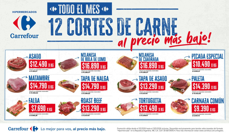 La promoción incluye 12 cortes con precios desde $7.690 el kilo.