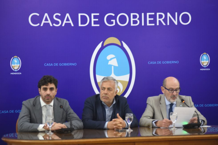 El gobernador Alfredo Cornejo y sus ministros durante la presentación del programa de créditos