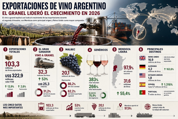 Las exportaciones de vino a granel el tractor del primer semestre de 2026